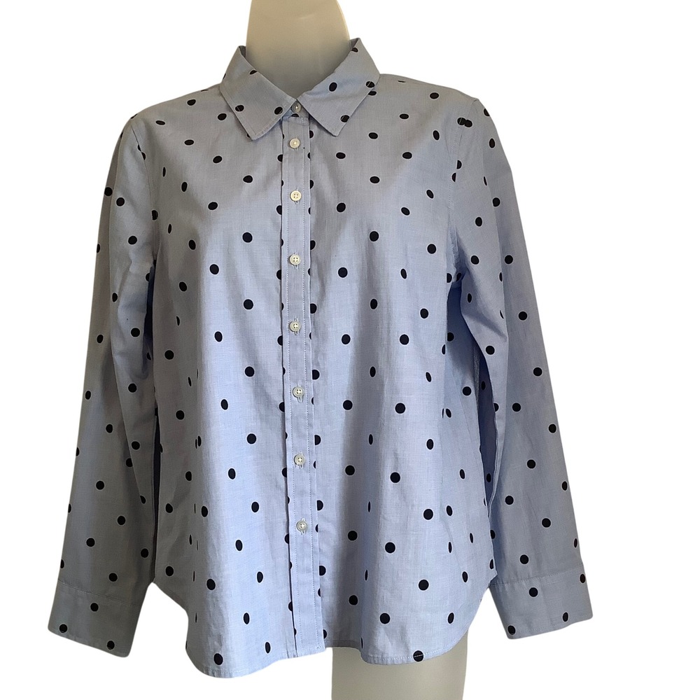 Talbots Petite Womens MP Blue Polka Dot Button Down Shirt Long Sleeve‎ Cotton